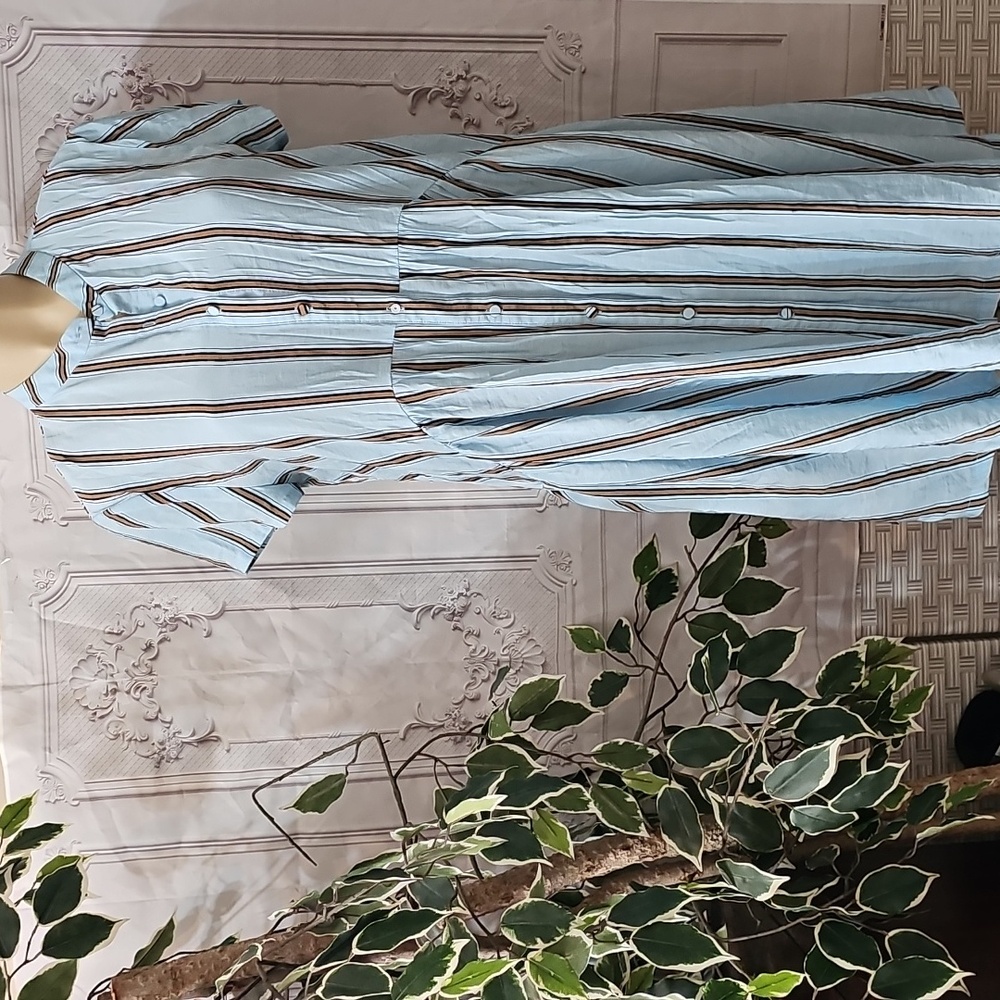 ICHI Hayden Striped Blue and Brown Button-Up Dress Medium